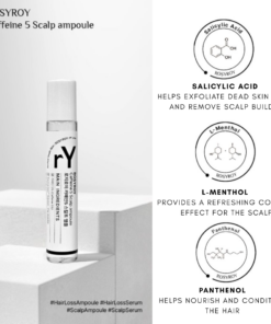 Rosyroy Caffeine 5 Scalp Ampoule 18 ml / 0.60fl.oz. *Product expires 9/2026 Roll-On Ampoule for Hair Loss & Scalp Care Salicylic Acid – Helps exfoliate dead skin cells and remove scalp buildup. L-Menthol – Provides a refreshing cooling effect for the scalp. Panthenol – Helps nourish and condition the hair. Caffeine – Helps maintain a healthy oil and moisture balance on the scalp. Plant-derived caffeine extracted from green coffee beans helps reduce hair loss and supports a healthy scalp environment. Additionally, cytokines stimulated by caffeine may help promote healthy hair growth.* Ficus carica (Fig) Vesicles – Figs contain natural proteolytic enzymes that help break down and remove dead skin cells from the scalp. Rich in polyphenols, they also help replenish essential nutrients, supporting a healthier scalp condition.* *Claims are based on the characteristics of the raw ingredients. Results may vary depending on individual conditions. Ingredients: Water, Caffeine (5%), Niacinamide, 1,2-Hexanediol, Butylene Glycol, C12-14 Pareth-12, Methyl Disopropyl propionamide, Ficus Carica (Fif) Vesicles, Ammonium Acryloyldimethyltaurate/VP Copolymer, Arginine, Salicyclic Acid, Panthenol, Glycerin, Menthol, Juniperus Virginiana Oil, Citrus Aurantium Bergamia (Bergamot) Fruit Oil, Rosmarinus Officinalis (Rosemary) Leaf Oil, Citrus Aurantium Bergamia (Bergamot) Fruit Oil, Rosmarinus Officinalis (Rosemary) Leaf Oil, Disodium EDTA, Pinus Sylvestris Leaf Oil, Lavandula Hybrida Oil, Copaifera Officinalis (Balsam Copaiba) Resin, Melaleuca Alternifolia (Tea Tree) Leaf Oil, Mentha Piperita (Peppermint) Oil, Cupressus Sempervirens Leaf/Nut/Stem oil, Linalool, Limonene HAIR
