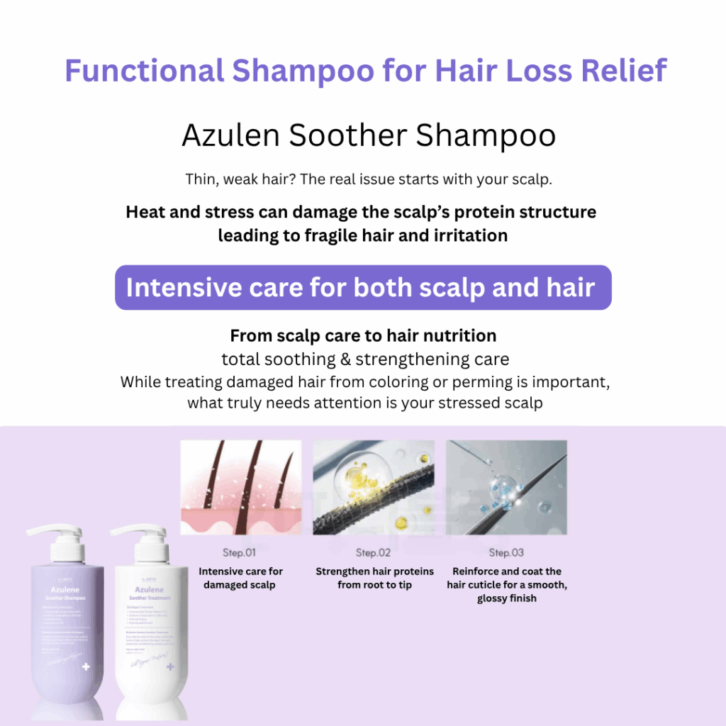 Dr. Sante Azulene Soother Shampoo (500ml) / Dr. Sante Azulene Soother Treatment (500ml) Option 1. Dr. Sante Azulene Soother Shampoo (500ml) Option 2. Dr. Sante Azulene Soother Treatment (500ml) Option 3. Dr. Sante Azulene Soother Shampoo (500ml)  + Dr. Sante Azulene Soother Treatment (500ml) Soothe the scalp from within and strengthen hair from root to tip! 1.Scalp & Hair Care in One Helps relieve hair loss symptoms while repairing damaged hair. 2. Tangle-Free Softness Leaves hair silky smooth — even when used without conditioner. 3. Perfume-Like Fragrance A long-lasting scent that stays with you all day. 4. Low Irritation Formula Dermatologically tested and gentle enough for daily use.