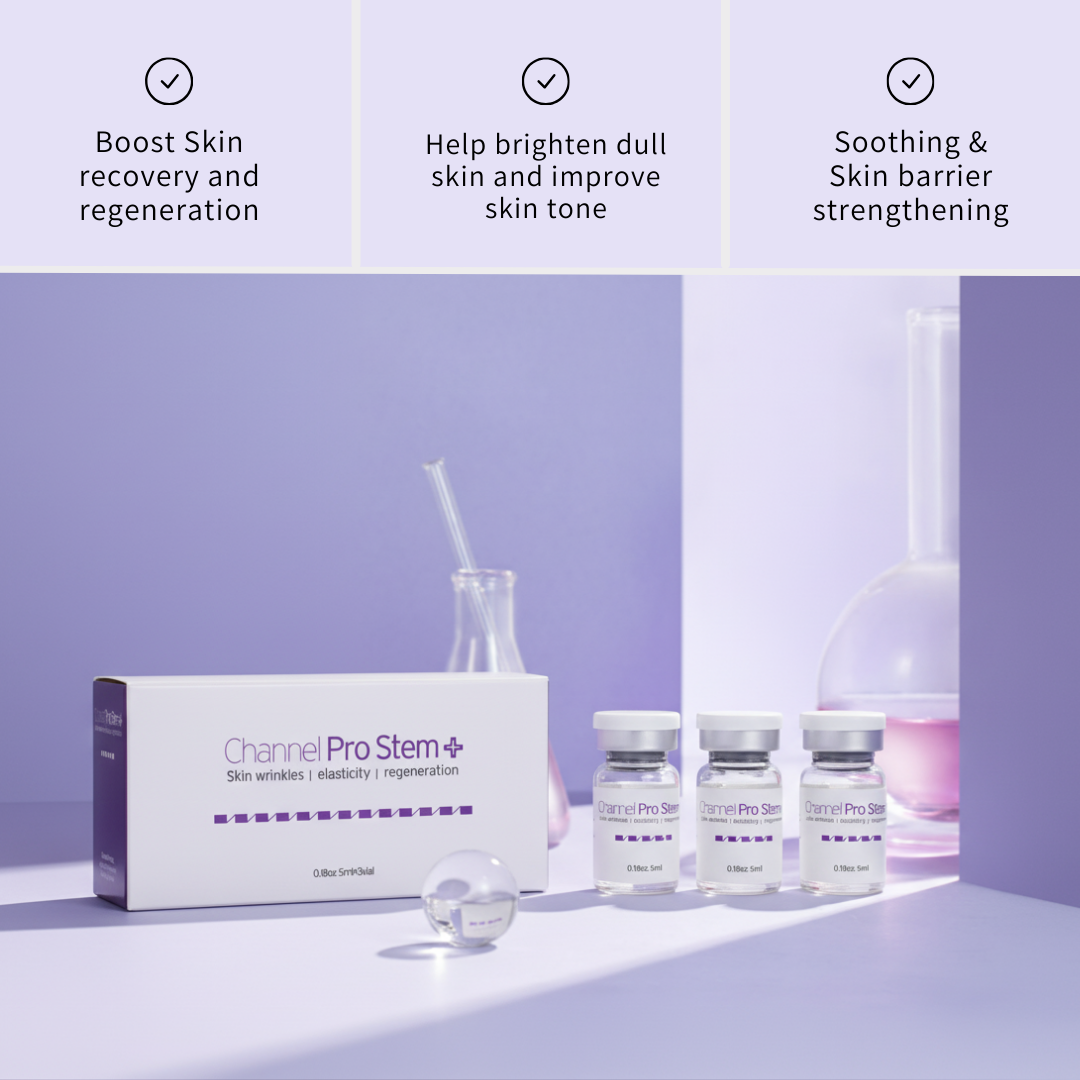 Channel Pro Stem+ (5ml*3vials) Triple Exosome Serum Skin Wrinkles | Elasticity | Regeneration Channel Pro Stem+ is an ampoule designed to support skin regeneration, enhance luminosity, and harmonize uneven skin tone. Formulated with stem cell conditioned media, plant-derived extracellular vesicles, amino acids, and multi-vitamins, it delivers soothing, moisturizing, and revitalizing benefits. Safe, stable, and non-irritating — ideal for microchanneling and professional skin treatments. Channel Pro Stem+ (5ml*3vials) Key Features Advanced Regeneration Support Formulated with Human Adipose Stem Cell Conditioned Media and dual plant-derived Extracellular Vesicles (Apple & Grape) to boost skin recovery and radiance. Luminosity & Tone Harmonizing Helps brighten dull skin, improve skin tone uniformity, and enhance overall clarity. Soothing & Strengthening Amino acids, vitamins (B-complex, niacinamide, folic acid), and minerals support skin barrier strengthening while providing a calming effect. Channel Pro Stem+ (5ml*3vials) Key Ingredients Benefits Regeneration & Skin Repair Human Adipose Stem Cell Conditioned Media Supports cellular communication, improves recovery, and boosts skin vitality. Malus Domestica Extracellular Vesicles / Vitis Vinifera EVs Plant-derived EVs rich in antioxidants; help improve skin texture, luminosity, and resilience. Brightening & Tone Correction Niacinamide Improves uneven tone, supports barrier, reduces dullness. Folic Acid / Inositol Helps with skin metabolism and improved radiance. Hydration & Skin Barrier Support Calcium chloride, Sodium chloride Mineral balance + hydration retention. Amino Acids (Arginine, Glycine, Alanine, Proline, etc.) Strengthen barrier, improve elasticity, maintain moisture. Antioxidant + Anti-stress Support Vitamins B1, B2, B3, B5, B6 Protects against oxidative stress and helps maintain healthy skin conditioning. pH & Cellular Balance HEPES (Hydroxyethylpiperazine Ethane Sulfonic Acid) Skin-conditioning buffer to maintain an optimal environment. Channel Pro Stem+ Ingredients Water · Human Adipose Stem Cell Conditioned Media · Malus Domestica Extracellular Vesicles · Vitis Vinifera Extracellular Vesicles · 1,2-Hexanediol · Calcium Chloride · Sodium Chloride · Sodium Phosphate · Arginine HCl · Cystine · Glutamine · Glycine · Histidine HCl · Isoleucine · Leucine · Lysine HCl · Methionine · Phenylalanine · Serine · Threonine · Tryptophan · Valine · Folic Acid · Inositol · Niacinamide · Calcium Pantothenate · Pyridoxine HCl · Riboflavin · Thiamine HCl · Glucose · Hydroxyethylpiperazine Ethane Sulfonic Acid · Sodium Pyruvate · Sodium Bicarbonate · Alanine · Asparagine · Aspartic Acid · Cysteine HCl · Glutamic Acid · Proline Channel Pro Stem+ Precautions Avoid contact with eyes. If contact occurs, rinse thoroughly with water. Store in a cool, dry place away from direct light. Keep out of reach of children. Use immediately after opening the vial for best quality.