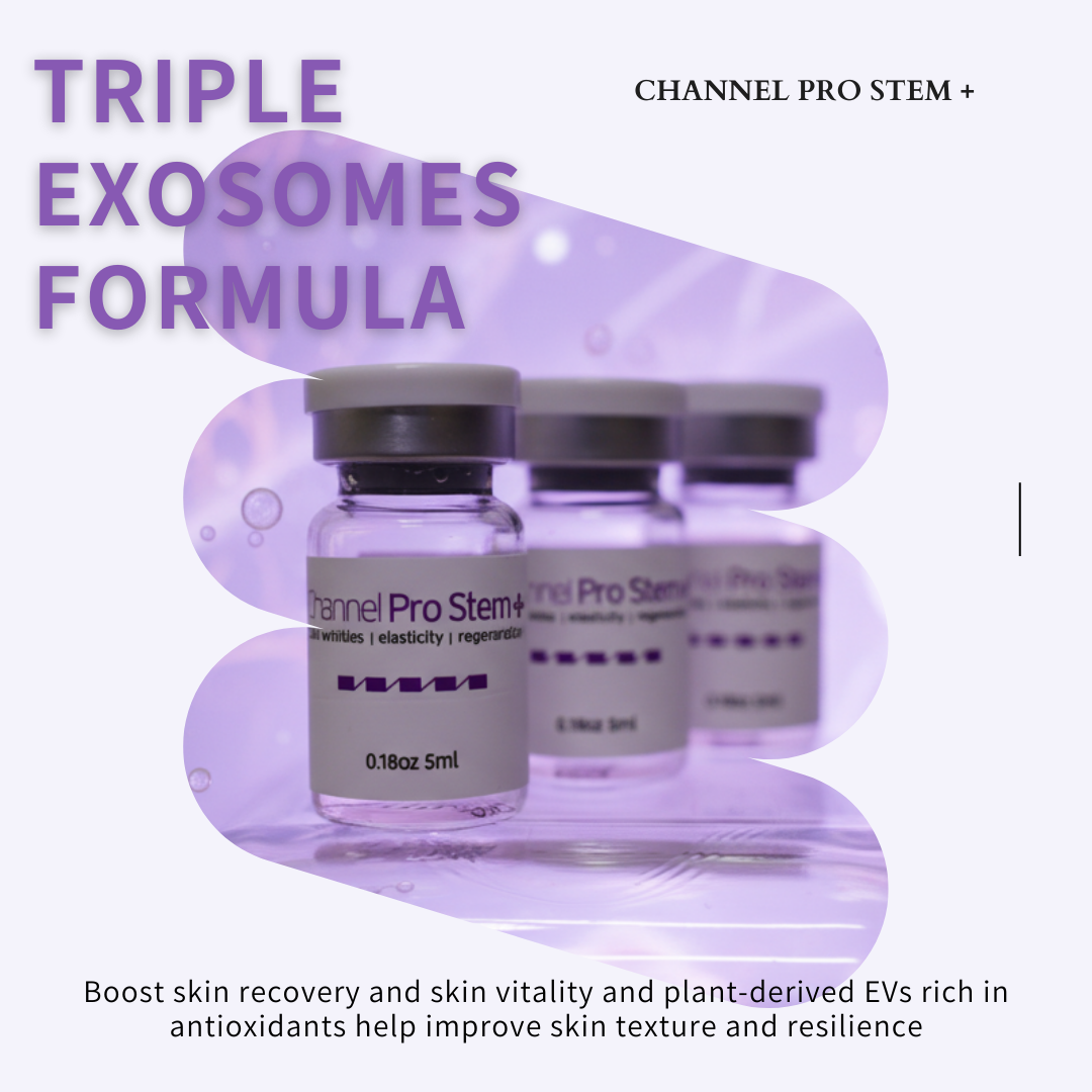 Channel Pro Stem+ (5ml*3vials) Triple Exosome Serum Skin Wrinkles | Elasticity | Regeneration Channel Pro Stem+ is an ampoule designed to support skin regeneration, enhance luminosity, and harmonize uneven skin tone. Formulated with stem cell conditioned media, plant-derived extracellular vesicles, amino acids, and multi-vitamins, it delivers soothing, moisturizing, and revitalizing benefits. Safe, stable, and non-irritating — ideal for microchanneling and professional skin treatments. Channel Pro Stem+ (5ml*3vials) Key Features Advanced Regeneration Support Formulated with Human Adipose Stem Cell Conditioned Media and dual plant-derived Extracellular Vesicles (Apple & Grape) to boost skin recovery and radiance. Luminosity & Tone Harmonizing Helps brighten dull skin, improve skin tone uniformity, and enhance overall clarity. Soothing & Strengthening Amino acids, vitamins (B-complex, niacinamide, folic acid), and minerals support skin barrier strengthening while providing a calming effect. Channel Pro Stem+ (5ml*3vials) Key Ingredients Benefits Regeneration & Skin Repair Human Adipose Stem Cell Conditioned Media Supports cellular communication, improves recovery, and boosts skin vitality. Malus Domestica Extracellular Vesicles / Vitis Vinifera EVs Plant-derived EVs rich in antioxidants; help improve skin texture, luminosity, and resilience. Brightening & Tone Correction Niacinamide Improves uneven tone, supports barrier, reduces dullness. Folic Acid / Inositol Helps with skin metabolism and improved radiance. Hydration & Skin Barrier Support Calcium chloride, Sodium chloride Mineral balance + hydration retention. Amino Acids (Arginine, Glycine, Alanine, Proline, etc.) Strengthen barrier, improve elasticity, maintain moisture. Antioxidant + Anti-stress Support Vitamins B1, B2, B3, B5, B6 Protects against oxidative stress and helps maintain healthy skin conditioning. pH & Cellular Balance HEPES (Hydroxyethylpiperazine Ethane Sulfonic Acid) Skin-conditioning buffer to maintain an optimal environment. Channel Pro Stem+ Ingredients Water · Human Adipose Stem Cell Conditioned Media · Malus Domestica Extracellular Vesicles · Vitis Vinifera Extracellular Vesicles · 1,2-Hexanediol · Calcium Chloride · Sodium Chloride · Sodium Phosphate · Arginine HCl · Cystine · Glutamine · Glycine · Histidine HCl · Isoleucine · Leucine · Lysine HCl · Methionine · Phenylalanine · Serine · Threonine · Tryptophan · Valine · Folic Acid · Inositol · Niacinamide · Calcium Pantothenate · Pyridoxine HCl · Riboflavin · Thiamine HCl · Glucose · Hydroxyethylpiperazine Ethane Sulfonic Acid · Sodium Pyruvate · Sodium Bicarbonate · Alanine · Asparagine · Aspartic Acid · Cysteine HCl · Glutamic Acid · Proline Channel Pro Stem+ Precautions Avoid contact with eyes. If contact occurs, rinse thoroughly with water. Store in a cool, dry place away from direct light. Keep out of reach of children. Use immediately after opening the vial for best quality.