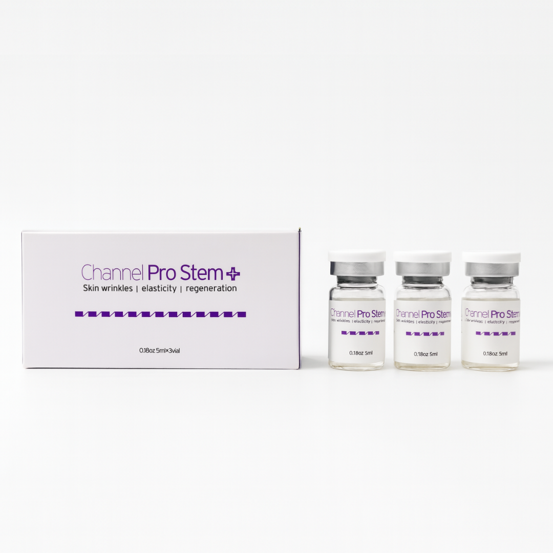 Channel Pro Stem+ (5ml*3vials) Triple Exosome Serum Skin Wrinkles | Elasticity | Regeneration Channel Pro Stem+ is an ampoule designed to support skin regeneration, enhance luminosity, and harmonize uneven skin tone. Formulated with stem cell conditioned media, plant-derived extracellular vesicles, amino acids, and multi-vitamins, it delivers soothing, moisturizing, and revitalizing benefits. Safe, stable, and non-irritating — ideal for microchanneling and professional skin treatments. Channel Pro Stem+ (5ml*3vials) Key Features Advanced Regeneration Support Formulated with Human Adipose Stem Cell Conditioned Media and dual plant-derived Extracellular Vesicles (Apple & Grape) to boost skin recovery and radiance. Luminosity & Tone Harmonizing Helps brighten dull skin, improve skin tone uniformity, and enhance overall clarity. Soothing & Strengthening Amino acids, vitamins (B-complex, niacinamide, folic acid), and minerals support skin barrier strengthening while providing a calming effect. Channel Pro Stem+ (5ml*3vials) Key Ingredients Benefits Regeneration & Skin Repair Human Adipose Stem Cell Conditioned Media Supports cellular communication, improves recovery, and boosts skin vitality. Malus Domestica Extracellular Vesicles / Vitis Vinifera EVs Plant-derived EVs rich in antioxidants; help improve skin texture, luminosity, and resilience. Brightening & Tone Correction Niacinamide Improves uneven tone, supports barrier, reduces dullness. Folic Acid / Inositol Helps with skin metabolism and improved radiance. Hydration & Skin Barrier Support Calcium chloride, Sodium chloride Mineral balance + hydration retention. Amino Acids (Arginine, Glycine, Alanine, Proline, etc.) Strengthen barrier, improve elasticity, maintain moisture. Antioxidant + Anti-stress Support Vitamins B1, B2, B3, B5, B6 Protects against oxidative stress and helps maintain healthy skin conditioning. pH & Cellular Balance HEPES (Hydroxyethylpiperazine Ethane Sulfonic Acid) Skin-conditioning buffer to maintain an optimal environment. Channel Pro Stem+ Ingredients Water · Human Adipose Stem Cell Conditioned Media · Malus Domestica Extracellular Vesicles · Vitis Vinifera Extracellular Vesicles · 1,2-Hexanediol · Calcium Chloride · Sodium Chloride · Sodium Phosphate · Arginine HCl · Cystine · Glutamine · Glycine · Histidine HCl · Isoleucine · Leucine · Lysine HCl · Methionine · Phenylalanine · Serine · Threonine · Tryptophan · Valine · Folic Acid · Inositol · Niacinamide · Calcium Pantothenate · Pyridoxine HCl · Riboflavin · Thiamine HCl · Glucose · Hydroxyethylpiperazine Ethane Sulfonic Acid · Sodium Pyruvate · Sodium Bicarbonate · Alanine · Asparagine · Aspartic Acid · Cysteine HCl · Glutamic Acid · Proline Channel Pro Stem+ Precautions Avoid contact with eyes. If contact occurs, rinse thoroughly with water. Store in a cool, dry place away from direct light. Keep out of reach of children. Use immediately after opening the vial for best quality.