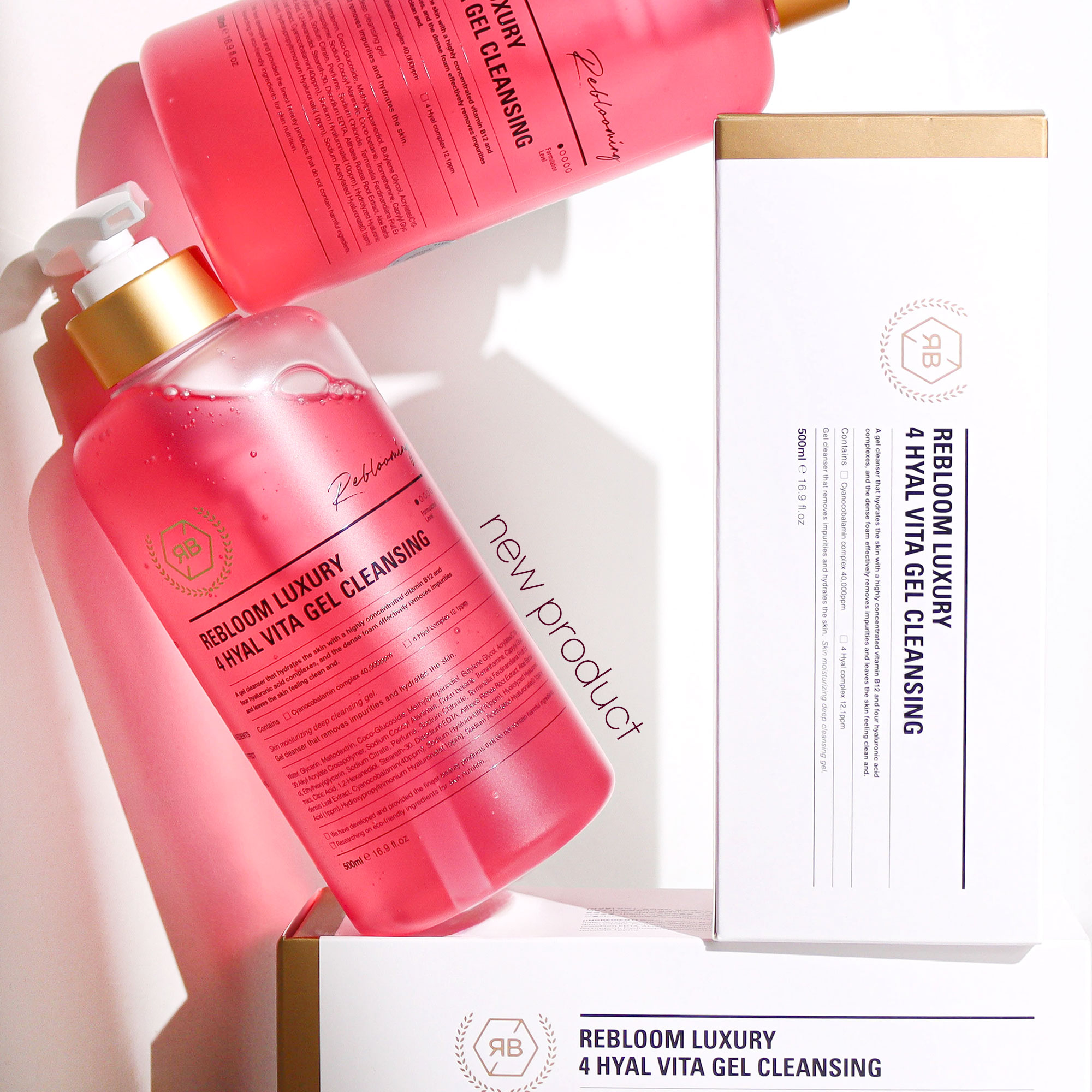 Rebloom Luxury 4 Hyal Vita Gel Cleansing (500ml) Rebloom is a premium aesthetic brand currently used in over 3,000 aesthetic clinics outside of Korea. The brand has been proven effective in skin regeneration, hydration, and soothing. Its products are used in aesthetic centers and dermatological research labs, and have been developed in collaboration with industry professionals and experts. Rebloom Luxury 4 Hyal Vita Gel Cleansing (500ml) A gel cleanser that hydrates the skin with highly concentrated vitamin B12 and four types of hyaluronic acid complexes. Its dense foam effectively removes impurities, leaving the skin clean and refreshed. Ingredients: Purified Water, Glycerin, Maltodextrin, Coco-Glucoside, Methylpropanediol, Butylene Glycol, Acrylates/C10-30 Alkyl Acrylate Crosspolymer, Sodium Cocoyl Alaninate, Cocobetain, Tromethamine, Caprylyl Glycol, Ethylhexylglycerin, Sodium Citrate, Fragrance, Sodium Chloride, Cacao Peel Extract, Citrus Seed Extract, 1,2-Hexanediol, Stearic Acid, Disodium EDTA, Portulaca Oleracea Extract, Aloe Barbadensis Leaf Extract, Cyanocobalamin (40,000 ppm), Sodium Hyaluronate (10 ppm), Hydrolyzed Sodium Hyaluronate (1 ppm), Hydroxypropyltrimonium Hyaluronate (1 ppm), Sodium Acetylated Hyaluronate (0.1 ppm)