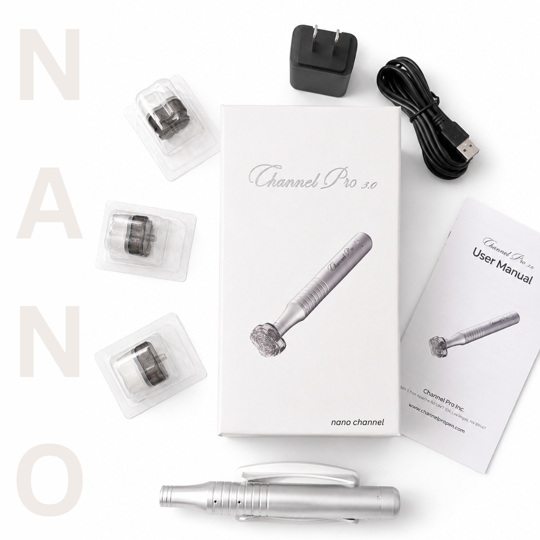 #1 CHANNELING DEVICE, CHANNEL PRO PEN 3.0 NANO CHANNEL What is included? -Channel Pro Pen -USB Charger Line -Adapter -3 tips (82FTNANO, 82FTNANO2, 24RTNANO2) -User guide book -Holder Microchanneling Pen – Channel Pro Featuring two speed modes and three specially designed tips, customized for different skin concerns—enhance your treatment results. Specialized Tips: 82 Flower Tip: Ideal for the body, facial contours, and rejuvenation care 24 Round Tip: Designed for the scalp, hands, and larger treatment areas with melanocyte concerns 3-Point Tip: Targeted care for melasma, hyperpigmentation, and deep wrinkles Channel Pro significantly reduces downtime and minimizes post-treatment redness, even immediately after the procedure. It creates precise micro-channels solely for serum and ampoule delivery, without causing unnecessary skin damage—maximizing absorption and treatment efficacy. For cosmetic use only. Not a medical device. Not intended to diagnose, treat, cure, or prevent any disease