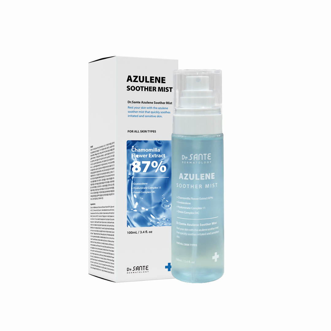 Dr.SANTE AZULENE SOOTHER MIST (100ml) Recommended Skin Type: All Skin Types, Sensitive Skin Key Ingredients: Chamomile Flower Extract, Guaiazulene, Green Complex DIC™, 11 Types of Hyaluronic Acid, Centella Asiatica Extract, Ceramide NP Key Features: Azulene-based formula (instead of purified water) for soothing hydration High-concentration Green Complex DIC™ for calming and nourishment 11 types of hyaluronic acid for multi-layer moisture care Helps improve skin vitality and moisture elasticity Suitable for all skin types, including sensitive skin A soothing and hydrating facial mist infused with azulene to calm and refresh tired, dry skin. Instead of purified water, this formula delivers moisture and comfort to stressed skin for a healthy, balanced complexion. Formulated with high-concentration Green Complex DIC™, extracted using ultra-low temperature DIC technology, to help soothe and nourish the skin. Contains 11 types of hyaluronic acid that penetrate different layers of the skin to provide deep hydration, improve moisture elasticity, and restore skin vitality. How to Use: Whenever skin feels dry, hold the bottle 15–20 cm away from the face, close your eyes, and spray evenly. Gently pat with hands to aid absorption. Dr.SANTE AZULENE SOOTHER MIST Ingredients Chamomilla Recutita (Matricaria) Flower Extract (85%), Hydroxyacetophenone/Sodium Acryloyldimethyl Taurate Copolymer, Glycereth-26, Glycerin, Centaurea Cyanus Flower Extract, Viola Tricolor Extract, Clitoria Ternatea Flower Extract, Pentylene Glycol, Aloe Barbadensis Leaf Extract, 1,2-Hexanediol, Centella Asiatica Extract, Caprylic/Capric Triglyceride, Water, Dioxyphenyl Trimethicone Dimethylaminoethyl Methacrylate, Hydrogenated Lecithin, Ceramide NP, Cholesterol, Guaiazulene, Dextrin, Gardenia Extract, Arnica Montana Flower Extract, Hedera Helix (Ivy) Extract, Simmondsia Chinensis (Jojoba) Seed Oil, Beta-Glucan, Panthenol, Polyglutamic Acid, Sodium Hyaluronate, Sodium Hyaluronate Crosspolymer, Hydrolyzed Glycosaminoglycans, Hydrolyzed Sodium Hyaluronate, Hydrolyzed Hyaluronic Acid, Sodium Hyaluronate, Dimethylsilanol Hyaluronate, Hydroxypropyltrimonium Hyaluronate, Melaleuca Alternifolia (Tea Tree) Extract, Camellia Sinensis Leaf Extract, Centella Asiatica Leaf Extract, Aloe Barbadensis Leaf Extract, Portulaca Oleracea Extract, Artemisia Vulgaris Extract, Houttuynia Cordata Extract, Mentha Arvensis Leaf Extract, Pseudoalteromonas Ferment Extract, Butylene Glycol, Citrus Aurantium Dulcis (Orange) Peel Oil
