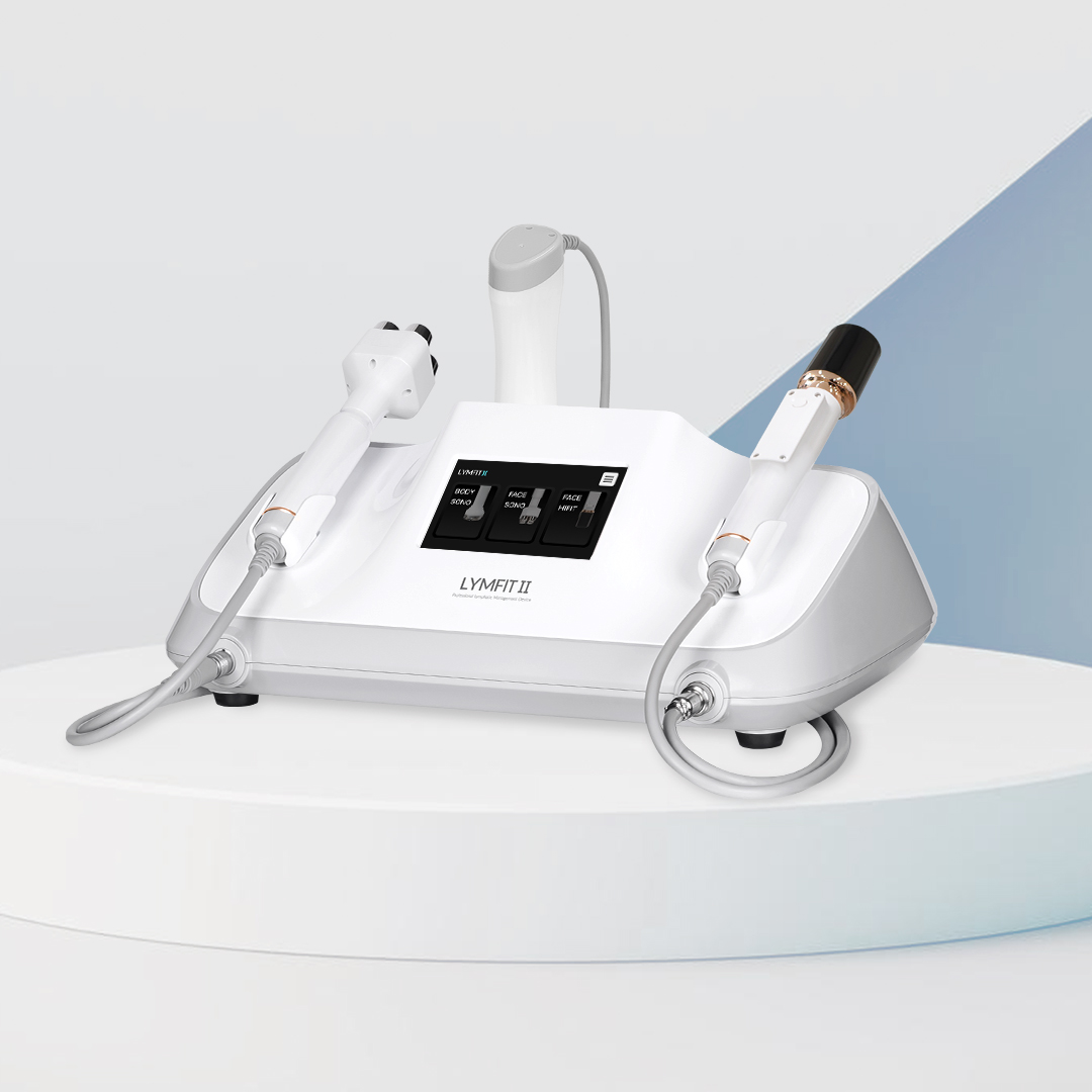 Lymfit2 – Body Sono, Face Sono, HIFU Lymfit2 is a core aesthetic device designed for décolleté and facial lymphatic drainage care, as well as lifting treatments using HIFU technology. 3 Interchangeable Handpieces: Body Sono (Body Ultrasound) – 850 kHz / 2.4 MHz (Dual Frequency) Face Sono (Facial Ultrasound) – 1 MHz / 3 MHz / 10 MHz (Simultaneous Output) Face HIFU – 1.5 mm / 3.0 mm / 4.5 mm (Up to 500,000 shots per cartridge) Product size : W420 x H163 x D245mm Product package size : W495 x H250 x D430mm Product package weight : About 6.5kg Input voltage : AC110V ~ 240V, 60Hz 1.45A Output voltage : DC 42V3A, 130W LCD panel : 5inch (500 x 480 px)