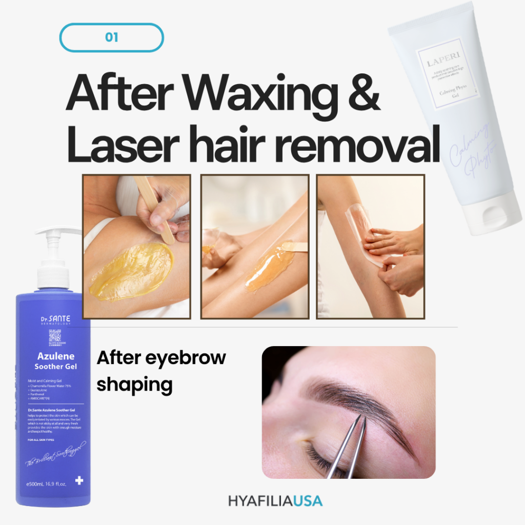 Here are 5 effective ways to use soothing gel and get the most out of it. After Hair Removal or Laser Treatments After eyebrow shaping, waxing, shaving, laser hair removal, or body hair removal treatments, the skin may become red, irritated, or develop small bumps. In some cases, post-inflammatory pigmentation or folliculitis can occur. Applying a soothing gel immediately after treatment helps: Calm redness and irritation Cool the skin Reduce discomfort Support the skin's natural recovery process In Korea's esthetician licensing exam, applying soothing gel after eyebrow shaping and body hair removal is part of the required procedure and is included in the evaluation process. This reflects the industry's strong emphasis on proper post-treatment skin care and calming the skin after hair removal.