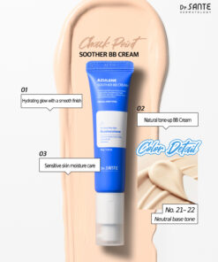 Dr.Sante Azulene Soother BB Cream (35g) For moist skin texture and ultra-adherent coverage Key ingredients *Chamomile flower water & Guaiazulene *Hyaluronic Acid *Ceramide NP *Panthenol Dr.Sante Azulene Soother BB Cream is Recommended for skin requiring recovery after aesthetic or dermatological procedures Dry skin that struggles to retain moisture despite skincare use Those who prefer a healthy glow over artificial shine Those seeking a natural, skin-like finish Sensitive skin in need of calming care Dr.Sante Azulene Soother BB Cream Ingredients : Water, Propanediol, Cetyl Ethylhexanoate, Caprylic/Capric Triglyceride, Titanium dioxide, Butylene Glycol, Ethylhexyl Salicylate, Butyloctyl Salicylate, Phenyl Trimethicone, Cetyl PEG/PPG-10/1 Dimethicone, Polyglyceryl-6 Polyricinoleate, Ethylhexyl Palmitate, 1,2-Hexanediol, Disteardimonium Hectorite, Diisostearyl Malate, Sorbitan Sesquioleate, Zinc oxide, Magnesium Sulfate, Beeswax, Ethoxydiglycol, Panthenol, Lactobacillus Ferment Lysate, Oenothera Biennis (Evening Primrose) Oil, Fragrance, Cyperus Rotundus Root Extract, Mica, HDI/Trimethylol Hexyllactone Crosspolymer, Iron Oxide Yellow (CI 77492), Caprylyl Glycol, Aluminum Hydroxide, Triethoxycaprylylsilane, Tocopheryl Nicotinate, Iron Oxide Red (CI 77491), Ethylhexylglycerin, Methyl Diisopropyl Propionamide, Anthemis Nobilis Flower Water, Linum Usitatissimum (Linseed) Seed Oil, Iron Oxide Black (CI 77499), Disodium EDTA, Sorbitan Laurate, Benzyl Glycol, Silica, Hydrolyzed Glycosaminoglycans, Glycerin, Sodium Hyaluronate, Guaiazulene, Hydroxyethylcellulose, Acetyl Dipeptide-1 Cetyl Ester, Sodium Hyaluronate Crosspolymer, Hydrolyzed Hyaluronic Acid, Hydroxypropyltrimonium Hyaluronate, Ceramide NP, Tetracarboxymethyl Hexanoyl Dipeptide-12, Hyaluronic Acid, Sodium Acetylated Hyaluronate