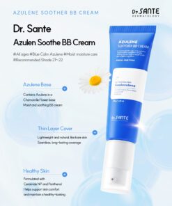 Dr.Sante Azulene Soother BB Cream (35g) For moist skin texture and ultra-adherent coverage Key ingredients *Chamomile flower water & Guaiazulene *Hyaluronic Acid *Ceramide NP *Panthenol Dr.Sante Azulene Soother BB Cream is Recommended for skin requiring recovery after aesthetic or dermatological procedures Dry skin that struggles to retain moisture despite skincare use Those who prefer a healthy glow over artificial shine Those seeking a natural, skin-like finish Sensitive skin in need of calming care Dr.Sante Azulene Soother BB Cream Ingredients : Water, Propanediol, Cetyl Ethylhexanoate, Caprylic/Capric Triglyceride, Titanium dioxide, Butylene Glycol, Ethylhexyl Salicylate, Butyloctyl Salicylate, Phenyl Trimethicone, Cetyl PEG/PPG-10/1 Dimethicone, Polyglyceryl-6 Polyricinoleate, Ethylhexyl Palmitate, 1,2-Hexanediol, Disteardimonium Hectorite, Diisostearyl Malate, Sorbitan Sesquioleate, Zinc oxide, Magnesium Sulfate, Beeswax, Ethoxydiglycol, Panthenol, Lactobacillus Ferment Lysate, Oenothera Biennis (Evening Primrose) Oil, Fragrance, Cyperus Rotundus Root Extract, Mica, HDI/Trimethylol Hexyllactone Crosspolymer, Iron Oxide Yellow (CI 77492), Caprylyl Glycol, Aluminum Hydroxide, Triethoxycaprylylsilane, Tocopheryl Nicotinate, Iron Oxide Red (CI 77491), Ethylhexylglycerin, Methyl Diisopropyl Propionamide, Anthemis Nobilis Flower Water, Linum Usitatissimum (Linseed) Seed Oil, Iron Oxide Black (CI 77499), Disodium EDTA, Sorbitan Laurate, Benzyl Glycol, Silica, Hydrolyzed Glycosaminoglycans, Glycerin, Sodium Hyaluronate, Guaiazulene, Hydroxyethylcellulose, Acetyl Dipeptide-1 Cetyl Ester, Sodium Hyaluronate Crosspolymer, Hydrolyzed Hyaluronic Acid, Hydroxypropyltrimonium Hyaluronate, Ceramide NP, Tetracarboxymethyl Hexanoyl Dipeptide-12, Hyaluronic Acid, Sodium Acetylated Hyaluronate