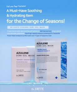 Dr.Sante Azulene Semi-Gel Mask (33g*10pcs) | Face & Neck Mask Login to see professional pricing Refresh and calm sensitive skin with the Dr. Sante Azulene Semi-Gel Mask, a premium face and neck mask infused with 33g of hydrating essence. Made with a biodegradable bamboo fiber semi-gel sheet, it delivers intensive moisture while adhering comfortably to both the face and neck for maximum absorption. Key Benefits Soothes Sensitive Skin with Guaiazulene Formulated with Guaiazulene, a soothing ingredient known for helping calm irritated and sensitive skin. Leaves skin feeling comfortable, refreshed, and balanced. Biodegradable Bamboo Fiber Semi-Gel Sheet Made from natural bamboo fiber bonded with a hydrogel (H₂O) structure. Soft, breathable, and biodegradable for a comfortable fit and enhanced moisture delivery. Adheres seamlessly to both the face and neck. 33g of Intensive Hydrating Essence Each mask contains 33g of nourishing essence, equivalent to the amount found in more than six 5ml ampoules. Delivers long-lasting hydration while helping improve skin softness and radiance. Texture A lightweight, sky-blue hydrating essence infused with 33g of moisture-rich formula. The semi-gel sheet hugs the contours of the face and neck, allowing the soothing essence to absorb evenly while providing intensive hydration and calming care. Recommended For Sensitive skin Dry or dehydrated skin Skin needing soothing after environmental stress Anyone looking for intensive face and neck hydration How to Use After cleansing, prepare your skin with Dr. Sante Azulene Soother Toner. Remove the Dr. Sante Azulene Semi-Gel Mask from the pouch and apply it evenly to the face and neck. Apply any remaining essence from the pouch over the mask for an extra boost of hydration. Leave on for 7–10 minutes. Remove the mask and gently pat the remaining essence into the skin until fully absorbed. Size: 33g × 1 Sheet Dr.Sante Azulene Semi-Gel Mask (33g*10pcs) | Face & Neck Mask Ingredients: Chamomilla Recutita (Matricaria) Flower Water (87%), Glycereth-26, 1,2-Hexanediol, Glycerin, Centaurea Cyanus Flower Extract, Guaiazulene, Sodium Hyaluronate, Hyaluronic Acid, Sodium Hyaluronate Crosspolymer, Hydrolyzed Glycosaminoglycans, Hydrolyzed Sodium Hyaluronate, Hydrolyzed Hyaluronic Acid, Sodium Acetylated Hyaluronate, Dimethylsilanol Hyaluronate, Hydroxypropyltrimonium Hyaluronate, Chamomilla Recutita (Matricaria) Flower Extract, Centella Asiatica Extract, Viola Tricolor Extract, Clitoria Ternatea Flower Extract, Aloe Barbadensis Leaf Extract, Gardenia Florida Fruit Extract, Arnica Montana Flower Extract, Hedera Helix (Ivy) Extract, Camellia Sinensis Leaf Extract, Ceramide NP, Beta-Glucan, Panthenol, Pentylene Glycol, Hydrogenated Lecithin, Caprylic/Capric Triglyceride, Dextrin, Polyglutamic Acid, Deoxyphytantriyl Palmitamide MEA, Water, Cholesterol, Hydroxyethyl Acrylate/Sodium Acryloyldimethyl Taurate Copolymer, Simmondsia Chinensis (Jojoba) Seed Oil, Citrus Aurantium Dulcis (Orange) Peel Oil.