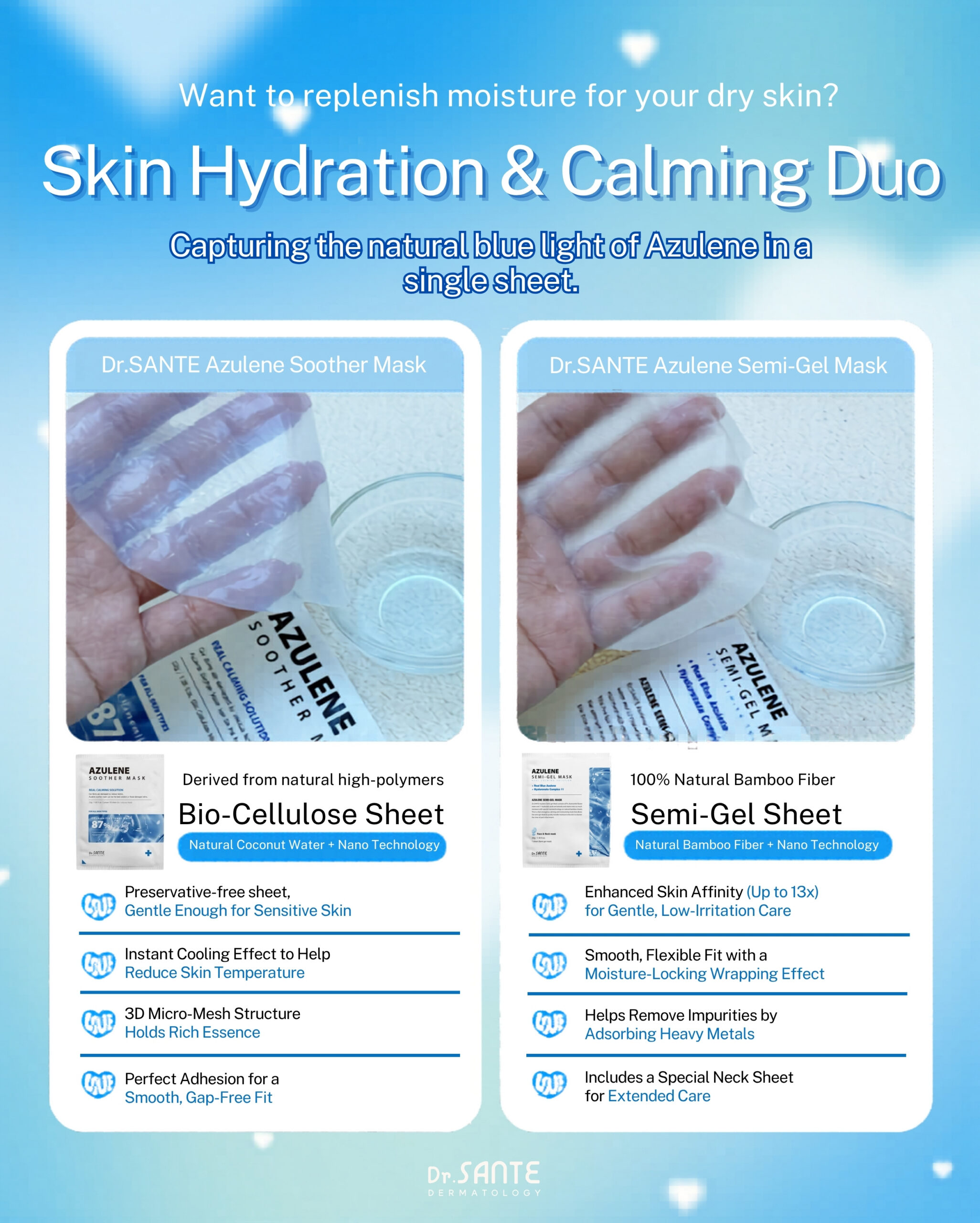 Dr.Sante Azulene Semi-Gel Mask (33g*10pcs) | Face & Neck Mask Login to see professional pricing Refresh and calm sensitive skin with the Dr. Sante Azulene Semi-Gel Mask, a premium face and neck mask infused with 33g of hydrating essence. Made with a biodegradable bamboo fiber semi-gel sheet, it delivers intensive moisture while adhering comfortably to both the face and neck for maximum absorption. Key Benefits Soothes Sensitive Skin with Guaiazulene Formulated with Guaiazulene, a soothing ingredient known for helping calm irritated and sensitive skin. Leaves skin feeling comfortable, refreshed, and balanced. Biodegradable Bamboo Fiber Semi-Gel Sheet Made from natural bamboo fiber bonded with a hydrogel (H₂O) structure. Soft, breathable, and biodegradable for a comfortable fit and enhanced moisture delivery. Adheres seamlessly to both the face and neck. 33g of Intensive Hydrating Essence Each mask contains 33g of nourishing essence, equivalent to the amount found in more than six 5ml ampoules. Delivers long-lasting hydration while helping improve skin softness and radiance. Texture A lightweight, sky-blue hydrating essence infused with 33g of moisture-rich formula. The semi-gel sheet hugs the contours of the face and neck, allowing the soothing essence to absorb evenly while providing intensive hydration and calming care. Recommended For Sensitive skin Dry or dehydrated skin Skin needing soothing after environmental stress Anyone looking for intensive face and neck hydration How to Use After cleansing, prepare your skin with Dr. Sante Azulene Soother Toner. Remove the Dr. Sante Azulene Semi-Gel Mask from the pouch and apply it evenly to the face and neck. Apply any remaining essence from the pouch over the mask for an extra boost of hydration. Leave on for 7–10 minutes. Remove the mask and gently pat the remaining essence into the skin until fully absorbed. Size: 33g × 1 Sheet Dr.Sante Azulene Semi-Gel Mask (33g*10pcs) | Face & Neck Mask Ingredients: Chamomilla Recutita (Matricaria) Flower Water (87%), Glycereth-26, 1,2-Hexanediol, Glycerin, Centaurea Cyanus Flower Extract, Guaiazulene, Sodium Hyaluronate, Hyaluronic Acid, Sodium Hyaluronate Crosspolymer, Hydrolyzed Glycosaminoglycans, Hydrolyzed Sodium Hyaluronate, Hydrolyzed Hyaluronic Acid, Sodium Acetylated Hyaluronate, Dimethylsilanol Hyaluronate, Hydroxypropyltrimonium Hyaluronate, Chamomilla Recutita (Matricaria) Flower Extract, Centella Asiatica Extract, Viola Tricolor Extract, Clitoria Ternatea Flower Extract, Aloe Barbadensis Leaf Extract, Gardenia Florida Fruit Extract, Arnica Montana Flower Extract, Hedera Helix (Ivy) Extract, Camellia Sinensis Leaf Extract, Ceramide NP, Beta-Glucan, Panthenol, Pentylene Glycol, Hydrogenated Lecithin, Caprylic/Capric Triglyceride, Dextrin, Polyglutamic Acid, Deoxyphytantriyl Palmitamide MEA, Water, Cholesterol, Hydroxyethyl Acrylate/Sodium Acryloyldimethyl Taurate Copolymer, Simmondsia Chinensis (Jojoba) Seed Oil, Citrus Aurantium Dulcis (Orange) Peel Oil.