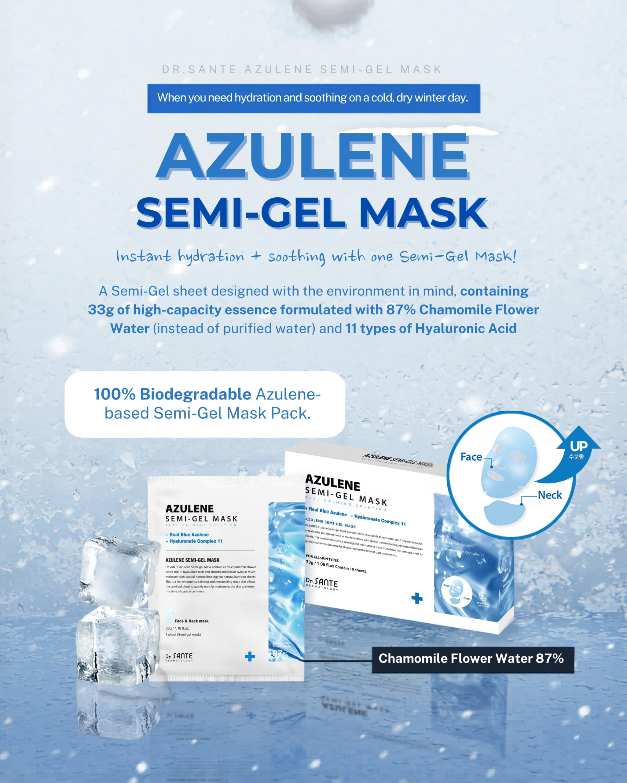 Dr.Sante Azulene Semi-Gel Mask (33g*10pcs) | Face & Neck Mask Login to see professional pricing Refresh and calm sensitive skin with the Dr. Sante Azulene Semi-Gel Mask, a premium face and neck mask infused with 33g of hydrating essence. Made with a biodegradable bamboo fiber semi-gel sheet, it delivers intensive moisture while adhering comfortably to both the face and neck for maximum absorption. Key Benefits Soothes Sensitive Skin with Guaiazulene Formulated with Guaiazulene, a soothing ingredient known for helping calm irritated and sensitive skin. Leaves skin feeling comfortable, refreshed, and balanced. Biodegradable Bamboo Fiber Semi-Gel Sheet Made from natural bamboo fiber bonded with a hydrogel (H₂O) structure. Soft, breathable, and biodegradable for a comfortable fit and enhanced moisture delivery. Adheres seamlessly to both the face and neck. 33g of Intensive Hydrating Essence Each mask contains 33g of nourishing essence, equivalent to the amount found in more than six 5ml ampoules. Delivers long-lasting hydration while helping improve skin softness and radiance. Texture A lightweight, sky-blue hydrating essence infused with 33g of moisture-rich formula. The semi-gel sheet hugs the contours of the face and neck, allowing the soothing essence to absorb evenly while providing intensive hydration and calming care. Recommended For Sensitive skin Dry or dehydrated skin Skin needing soothing after environmental stress Anyone looking for intensive face and neck hydration How to Use After cleansing, prepare your skin with Dr. Sante Azulene Soother Toner. Remove the Dr. Sante Azulene Semi-Gel Mask from the pouch and apply it evenly to the face and neck. Apply any remaining essence from the pouch over the mask for an extra boost of hydration. Leave on for 7–10 minutes. Remove the mask and gently pat the remaining essence into the skin until fully absorbed. Size: 33g × 1 Sheet Dr.Sante Azulene Semi-Gel Mask (33g*10pcs) | Face & Neck Mask Ingredients: Chamomilla Recutita (Matricaria) Flower Water (87%), Glycereth-26, 1,2-Hexanediol, Glycerin, Centaurea Cyanus Flower Extract, Guaiazulene, Sodium Hyaluronate, Hyaluronic Acid, Sodium Hyaluronate Crosspolymer, Hydrolyzed Glycosaminoglycans, Hydrolyzed Sodium Hyaluronate, Hydrolyzed Hyaluronic Acid, Sodium Acetylated Hyaluronate, Dimethylsilanol Hyaluronate, Hydroxypropyltrimonium Hyaluronate, Chamomilla Recutita (Matricaria) Flower Extract, Centella Asiatica Extract, Viola Tricolor Extract, Clitoria Ternatea Flower Extract, Aloe Barbadensis Leaf Extract, Gardenia Florida Fruit Extract, Arnica Montana Flower Extract, Hedera Helix (Ivy) Extract, Camellia Sinensis Leaf Extract, Ceramide NP, Beta-Glucan, Panthenol, Pentylene Glycol, Hydrogenated Lecithin, Caprylic/Capric Triglyceride, Dextrin, Polyglutamic Acid, Deoxyphytantriyl Palmitamide MEA, Water, Cholesterol, Hydroxyethyl Acrylate/Sodium Acryloyldimethyl Taurate Copolymer, Simmondsia Chinensis (Jojoba) Seed Oil, Citrus Aurantium Dulcis (Orange) Peel Oil.