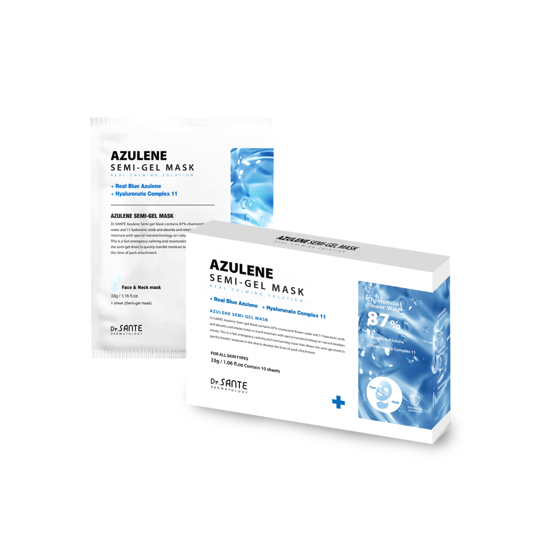 Dr.Sante Azulene Semi-Gel Mask (33g*10pcs) | Face & Neck Mask Login to see professional pricing Refresh and calm sensitive skin with the Dr. Sante Azulene Semi-Gel Mask, a premium face and neck mask infused with 33g of hydrating essence. Made with a biodegradable bamboo fiber semi-gel sheet, it delivers intensive moisture while adhering comfortably to both the face and neck for maximum absorption. Key Benefits Soothes Sensitive Skin with Guaiazulene Formulated with Guaiazulene, a soothing ingredient known for helping calm irritated and sensitive skin. Leaves skin feeling comfortable, refreshed, and balanced. Biodegradable Bamboo Fiber Semi-Gel Sheet Made from natural bamboo fiber bonded with a hydrogel (H₂O) structure. Soft, breathable, and biodegradable for a comfortable fit and enhanced moisture delivery. Adheres seamlessly to both the face and neck. 33g of Intensive Hydrating Essence Each mask contains 33g of nourishing essence, equivalent to the amount found in more than six 5ml ampoules. Delivers long-lasting hydration while helping improve skin softness and radiance. Texture A lightweight, sky-blue hydrating essence infused with 33g of moisture-rich formula. The semi-gel sheet hugs the contours of the face and neck, allowing the soothing essence to absorb evenly while providing intensive hydration and calming care. Recommended For Sensitive skin Dry or dehydrated skin Skin needing soothing after environmental stress Anyone looking for intensive face and neck hydration How to Use After cleansing, prepare your skin with Dr. Sante Azulene Soother Toner. Remove the Dr. Sante Azulene Semi-Gel Mask from the pouch and apply it evenly to the face and neck. Apply any remaining essence from the pouch over the mask for an extra boost of hydration. Leave on for 7–10 minutes. Remove the mask and gently pat the remaining essence into the skin until fully absorbed. Size: 33g × 1 Sheet Dr.Sante Azulene Semi-Gel Mask (33g*10pcs) | Face & Neck Mask Ingredients: Chamomilla Recutita (Matricaria) Flower Water (87%), Glycereth-26, 1,2-Hexanediol, Glycerin, Centaurea Cyanus Flower Extract, Guaiazulene, Sodium Hyaluronate, Hyaluronic Acid, Sodium Hyaluronate Crosspolymer, Hydrolyzed Glycosaminoglycans, Hydrolyzed Sodium Hyaluronate, Hydrolyzed Hyaluronic Acid, Sodium Acetylated Hyaluronate, Dimethylsilanol Hyaluronate, Hydroxypropyltrimonium Hyaluronate, Chamomilla Recutita (Matricaria) Flower Extract, Centella Asiatica Extract, Viola Tricolor Extract, Clitoria Ternatea Flower Extract, Aloe Barbadensis Leaf Extract, Gardenia Florida Fruit Extract, Arnica Montana Flower Extract, Hedera Helix (Ivy) Extract, Camellia Sinensis Leaf Extract, Ceramide NP, Beta-Glucan, Panthenol, Pentylene Glycol, Hydrogenated Lecithin, Caprylic/Capric Triglyceride, Dextrin, Polyglutamic Acid, Deoxyphytantriyl Palmitamide MEA, Water, Cholesterol, Hydroxyethyl Acrylate/Sodium Acryloyldimethyl Taurate Copolymer, Simmondsia Chinensis (Jojoba) Seed Oil, Citrus Aurantium Dulcis (Orange) Peel Oil.